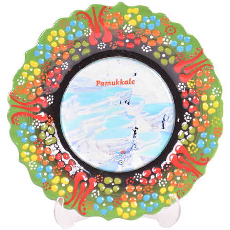 Pamukkale Themed Turkish Ceramic Plate With Epoxy 12 Cm - 21