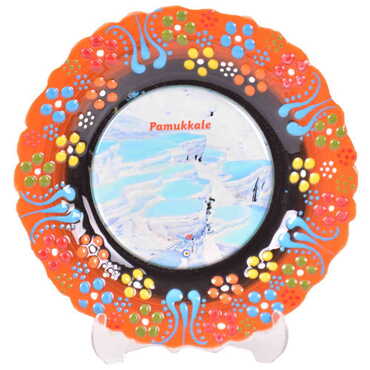 Pamukkale Themed Turkish Ceramic Plate With Epoxy 12 Cm - 23