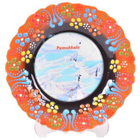 Pamukkale Themed Turkish Ceramic Plate With Epoxy 12 Cm - 23