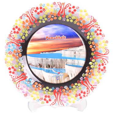 Pamukkale Themed Turkish Ceramic Plate With Epoxy 18 Cm - 14