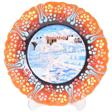 Pamukkale Themed Turkish Ceramic Plate With Epoxy 18 Cm - 34