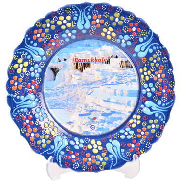 Pamukkale Themed Turkish Ceramic Plate With Epoxy 18 Cm - 35