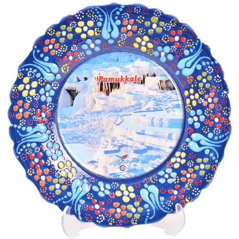 Pamukkale Themed Turkish Ceramic Plate With Epoxy 18 Cm - 35