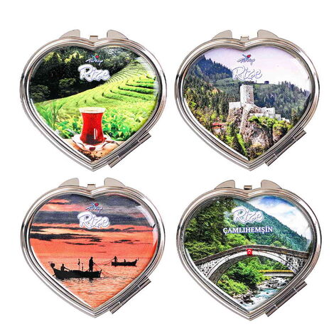 Rize Themed Customised Metal Epoxy Travel Make Up Compact Heart Shaped Mirror 70x65x8 mm - 3