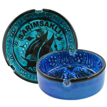 Sarimsakli Themed Turkish Ceramic Turquoise Ashtray Big Size - 3