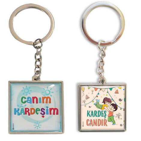 Sibling Themed Metal Square Shaped Double Face Keychain 36x95 mm - 2