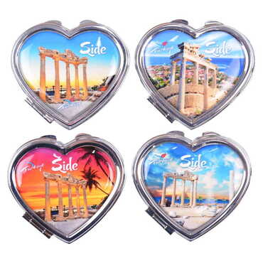 Side Themed Customised Metal Epoxy Travel Make Up Compact Heart Shaped Mirror 70x65x8 mm - 2