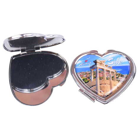 Side Themed Customised Metal Epoxy Travel Make Up Compact Heart Shaped Mirror 70x65x8 mm - 3