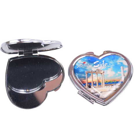 Side Themed Customised Metal Epoxy Travel Make Up Compact Heart Shaped Mirror 70x65x8 mm - 5