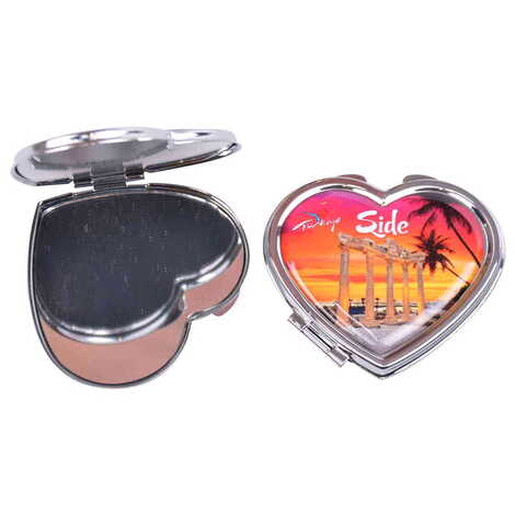 Side Themed Customised Metal Epoxy Travel Make Up Compact Heart Shaped Mirror 70x65x8 mm - 6