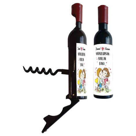 Sweetheart Themed Bottle Shaped Metal Wine Bottle Corkscrew Opener-Magnetic 115x25x25 mm - 5