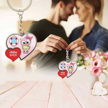 Sweetheart Themed Metal Double Heart Shaped Keychain 40x94 mm - 2