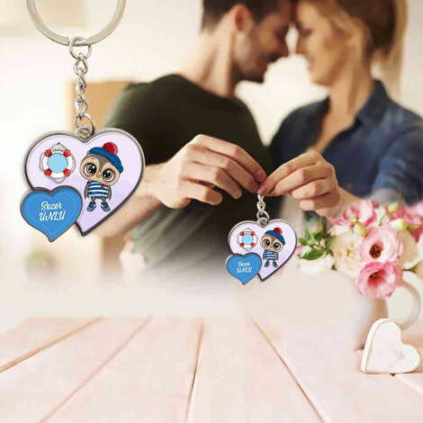 Sweetheart Themed Metal Double Heart Shaped Keychain 40x94 mm - 3