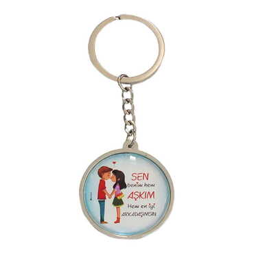 Sweetheart Themed Metal Double Face Round Keychain 40x95 mm - 5