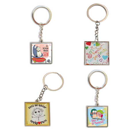 Sweetheart Themed Metal Square Shaped Double Face Keychain 36x95 mm - 2