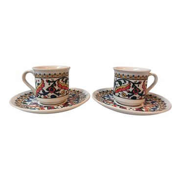 Tile Pattern Themed Turkish Ceramic Custom Printed Turkish Coffee Cup Set of 2 pcs - 16