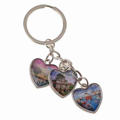 Trabzon Themed Metal Keychain With 3 Charms - Heart 40x85 mm - 6