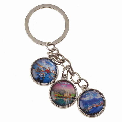 Trabzon Themed Metal Keychain With 3 Charms - Round 40x90 mm - 6