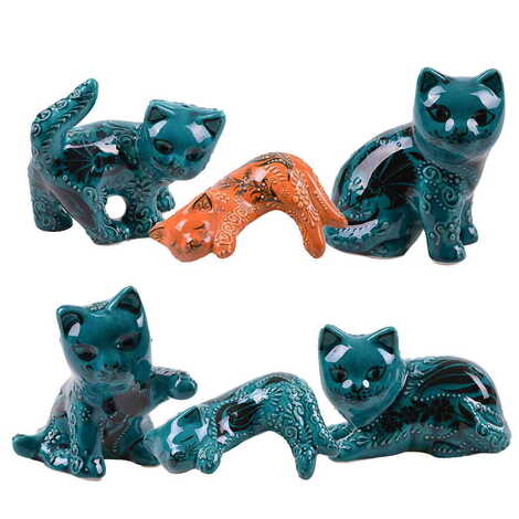 Turkish Ceramic Hand Painted Turquoise Cat Figurine Medium Size - 2