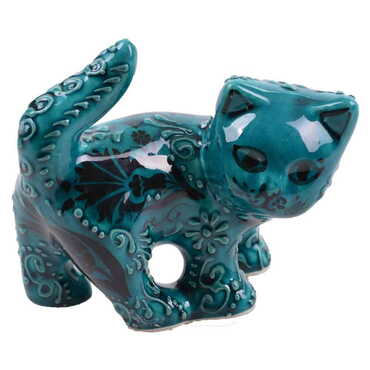 Turkish Ceramic Hand Painted Turquoise Cat Figurine Medium Size - 3