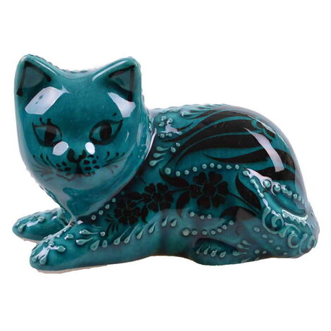 Turkish Ceramic Hand Painted Turquoise Cat Figurine Medium Size - 6