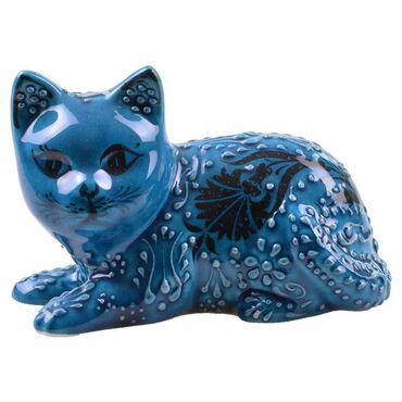 Turkish Ceramic Hand Painted Turquoise Cat Figurine Medium Size - 7