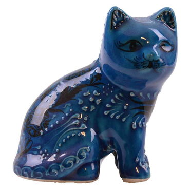 Turkish Ceramic Hand Painted Turquoise Cat Figurine Medium Size - 9