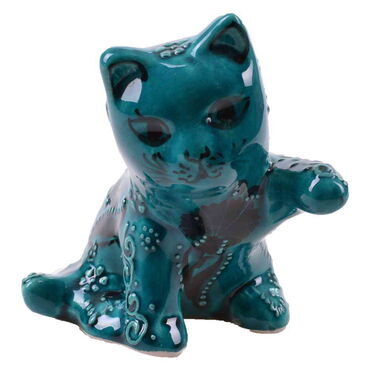 Turkish Ceramic Hand Painted Turquoise Cat Figurine Medium Size - 11