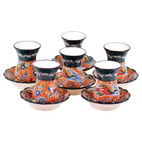 Turkish Ceramic Special Relief Tea Cup Set of 6 Pcs - 7