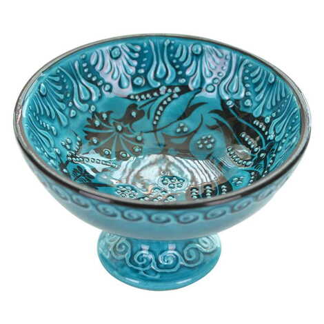 Turkish Ceramic Turquoise Footed Bowl 13cm - 4