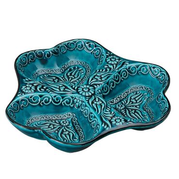 Turkish Ceramic Turquoise Heart Shaped Triple Divide Snack Platter - 7