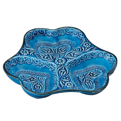 Turkish Ceramic Turquoise Heart Shaped Triple Divide Snack Platter - 8