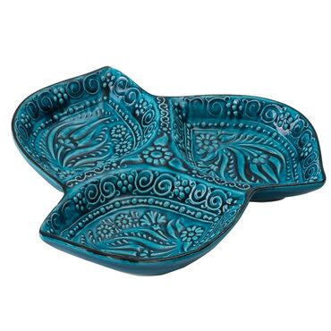 Turkish Ceramic Turquoise Leaf Shaped Triple Divide Snack Platter - 6