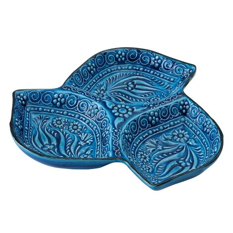 Turkish Ceramic Turquoise Leaf Shaped Triple Divide Snack Platter - 7