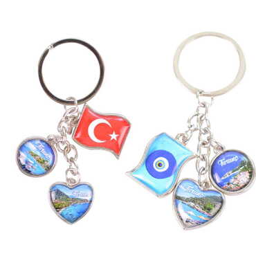 Turunc Themed Metal Keychain With 3 Charms - Mixed 40x90 mm - 2